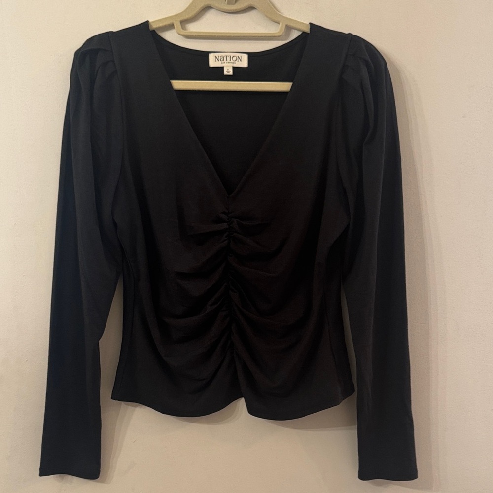 Nation Medium Black Ruched Women's V-neck Long Sleeve Top